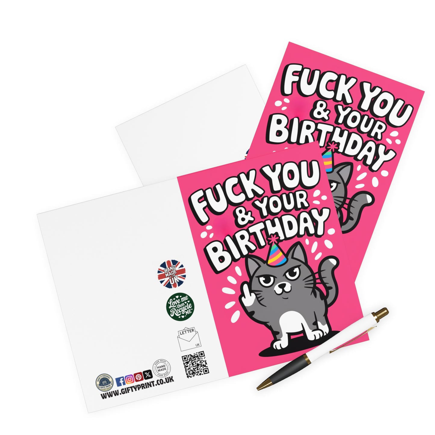 Funny Birthday Card Rude Cat Fuck You & Your Birthday Pink