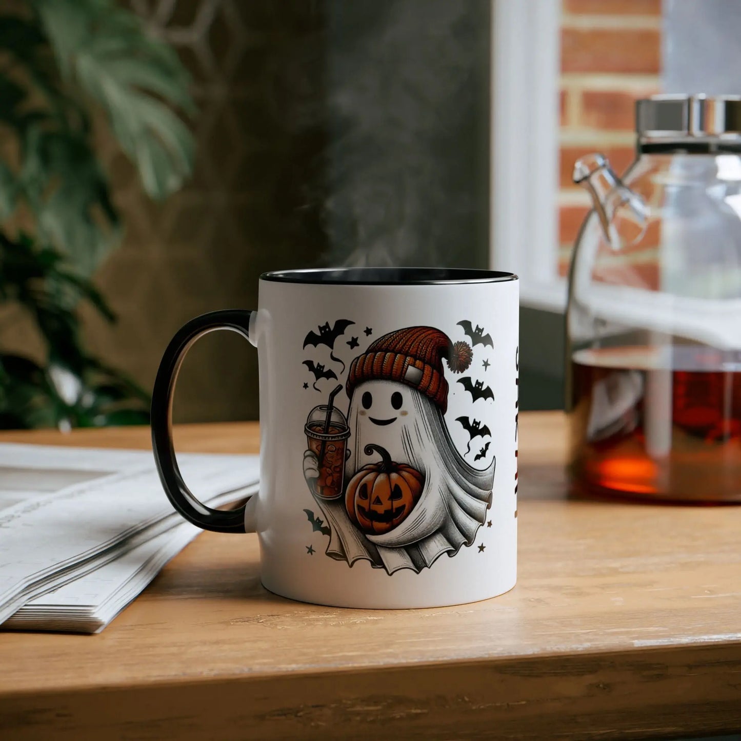 Context Personalised Halloween Ghost & Pumpkin Mug Black Two Tone