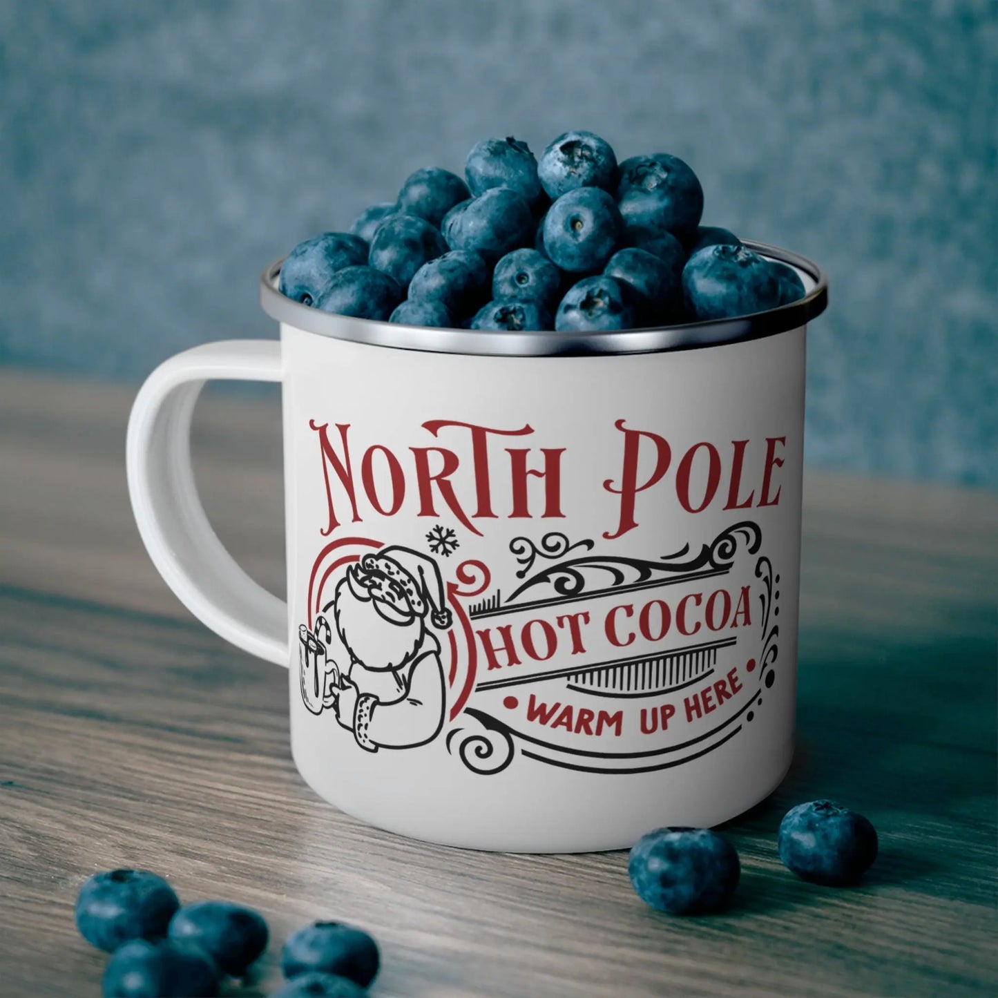 Personalised Children's Mug North Pole Hot Cocoa Enamel Mug Context