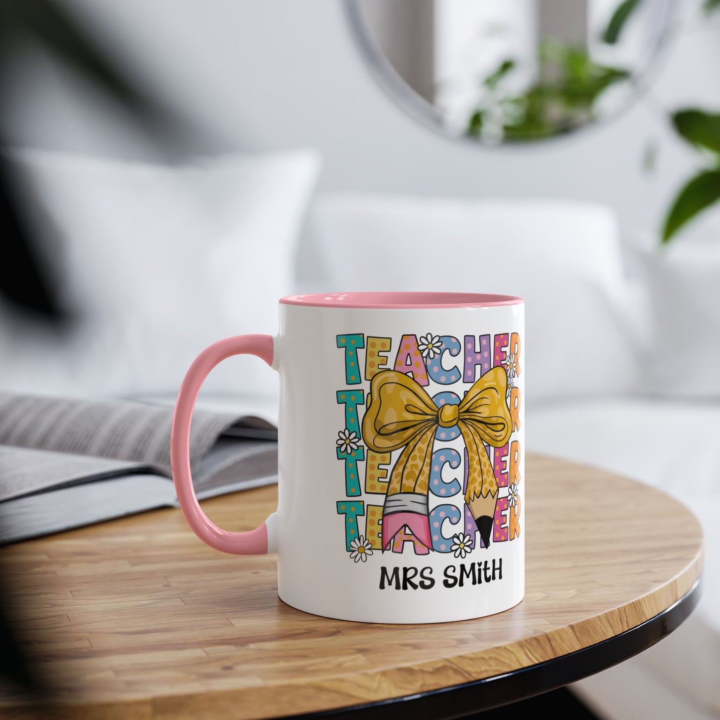Teachers Mug Golden Bow Personalised Pink Mug