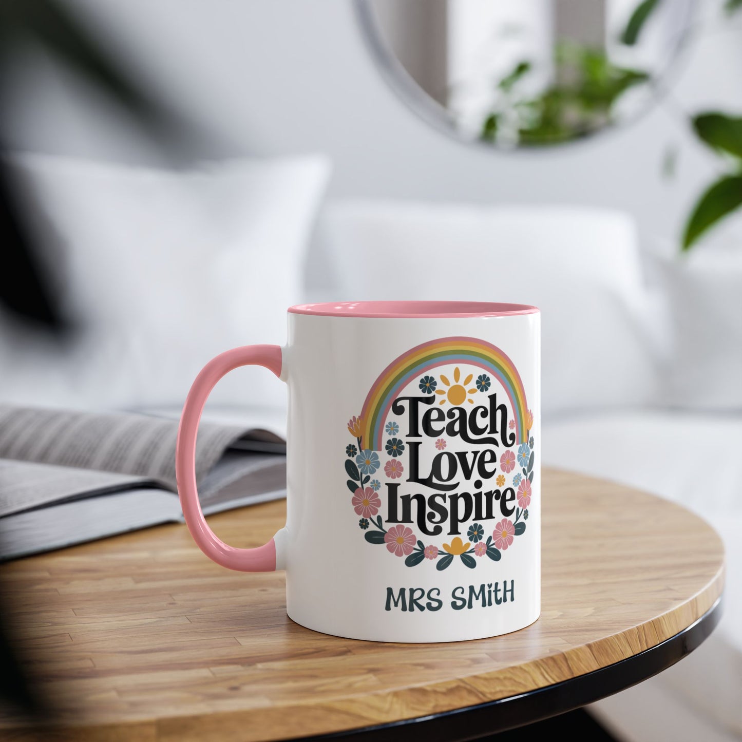 Teachers Mug Pink Boho Teach Love Inspire Personalised
