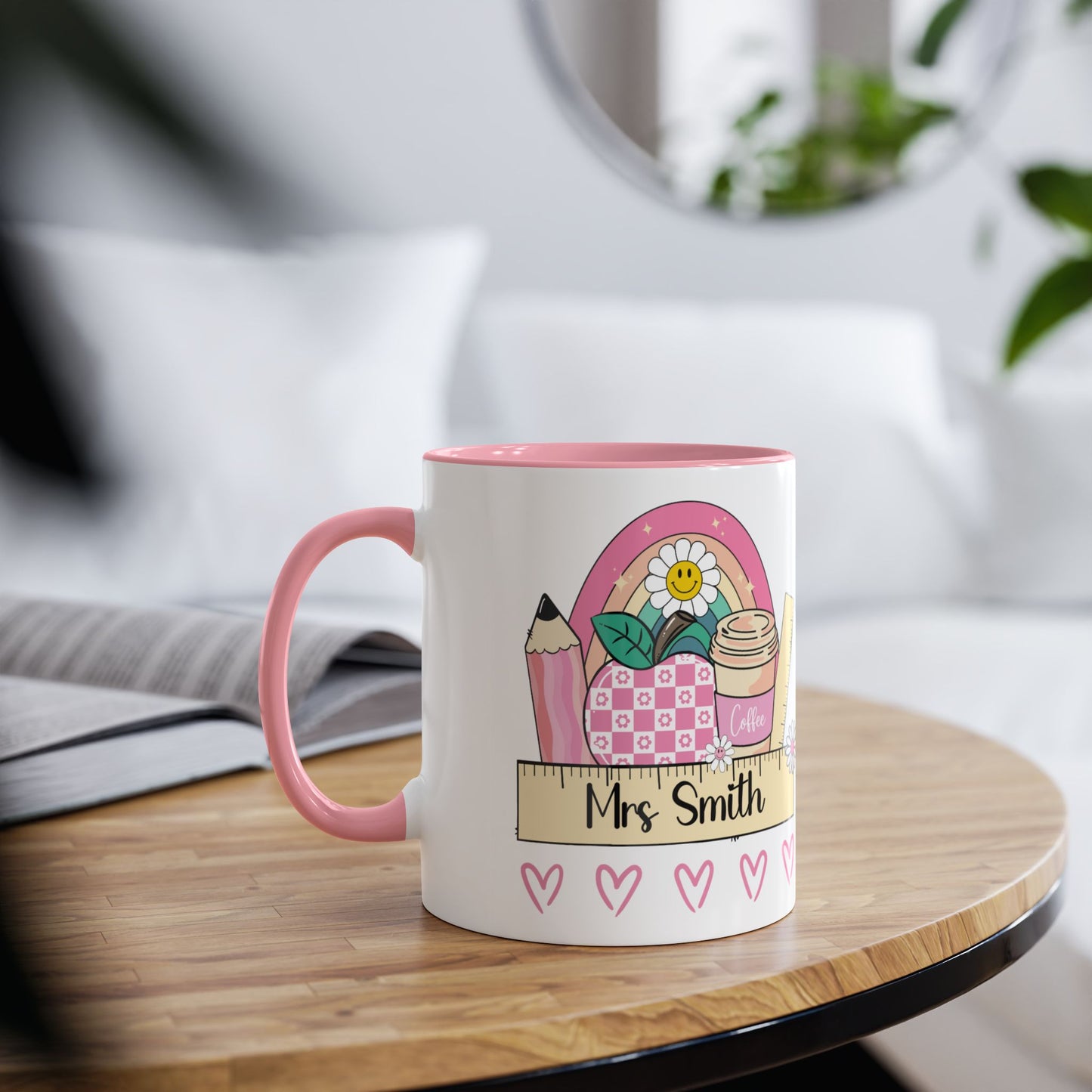 Teachers Mug Pink Flower Rainbow Personalised