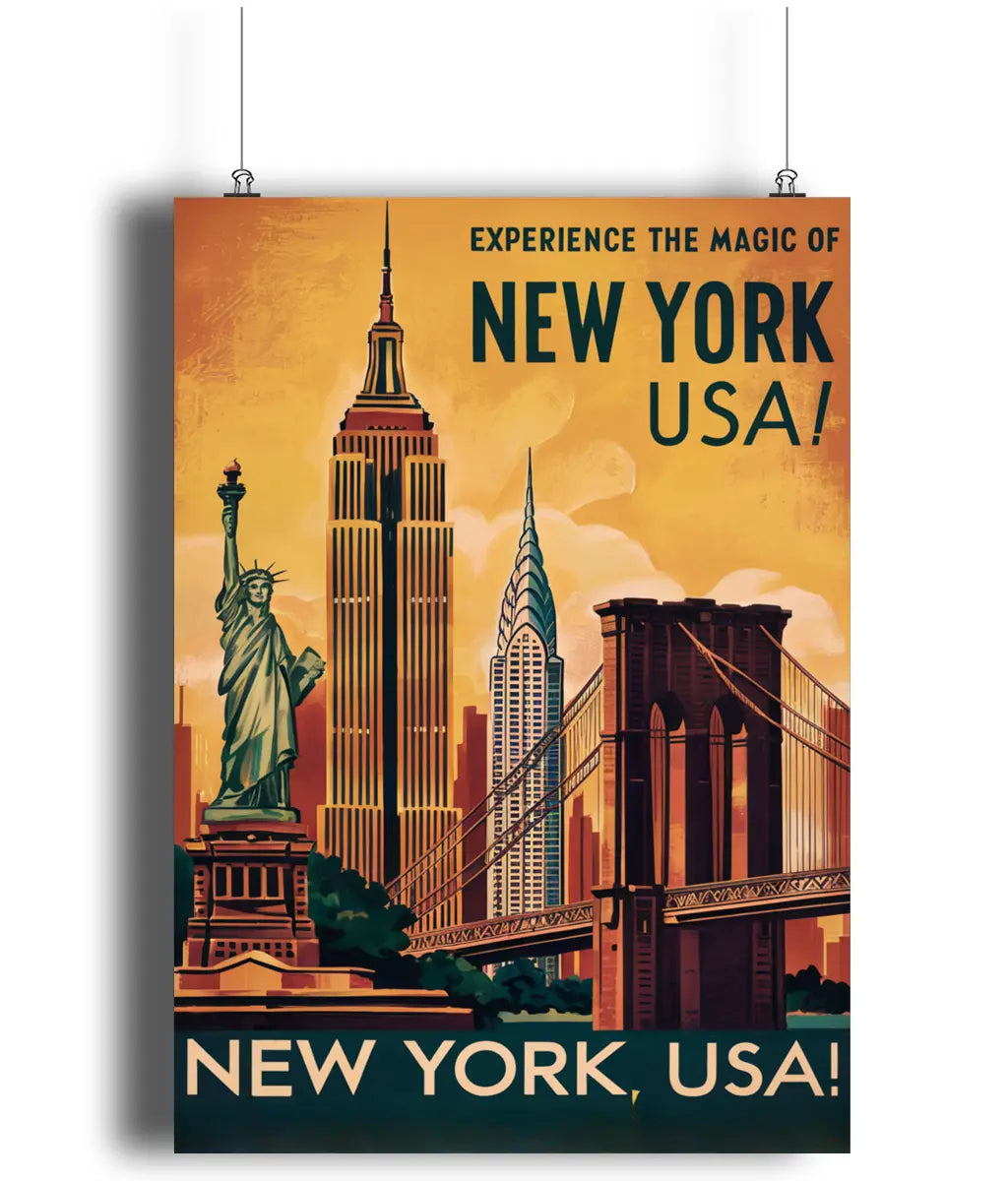 Vintage Travel Poster Wall Art Print New York City Golden