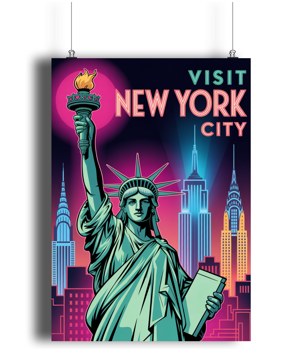 Vintage Travel Poster Print Visit New York City Neon