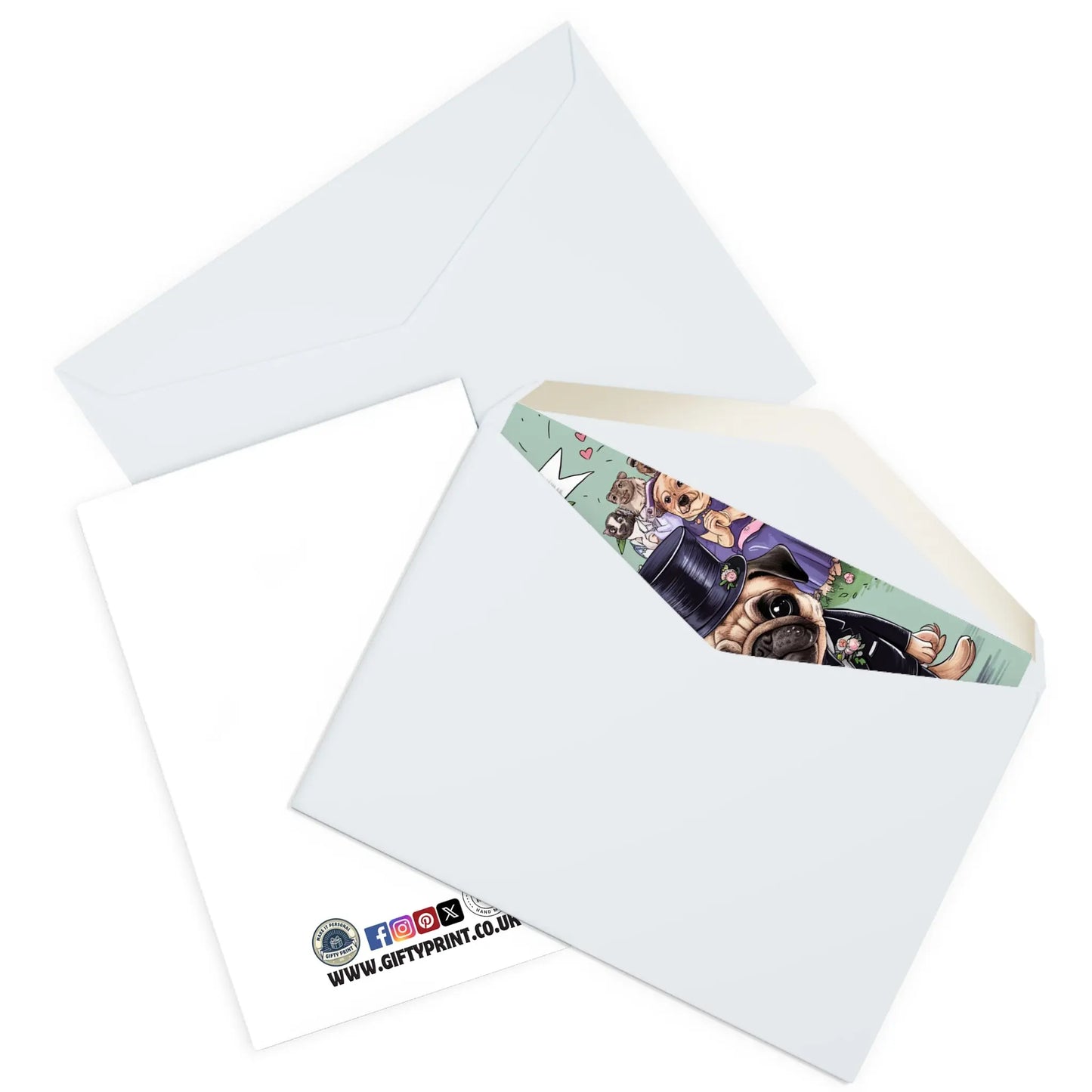 enveloped view Wedding Card Bride & Groom Pug Dogs Congratulations