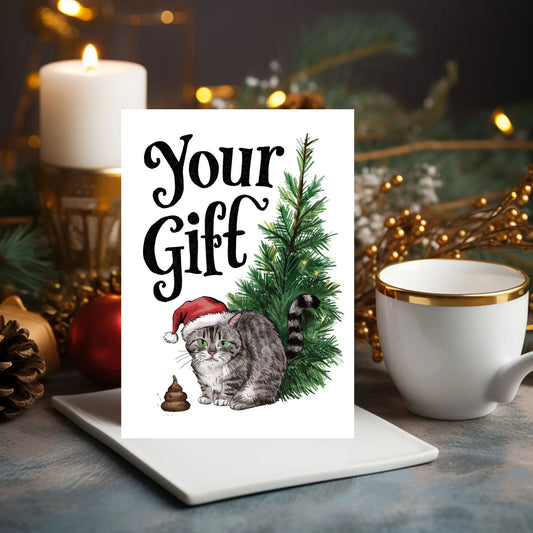 Christmas Card Naughty Cat Poop Under Tree Your Gift Gifty Print