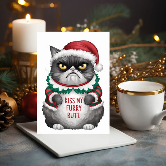 Cute Grumpy Cat Kiss My Furry Butt Christmas Card