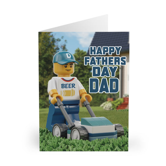 Fathers Day Card Building Block Man Mowing Lawn 