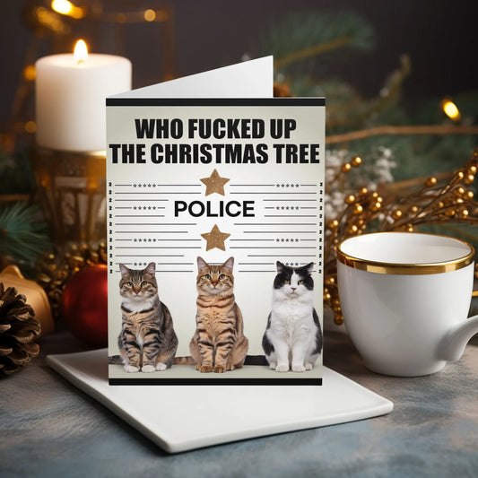 Funny Cat Christmas Card Police Line Up Who Fucked The Tree Up 