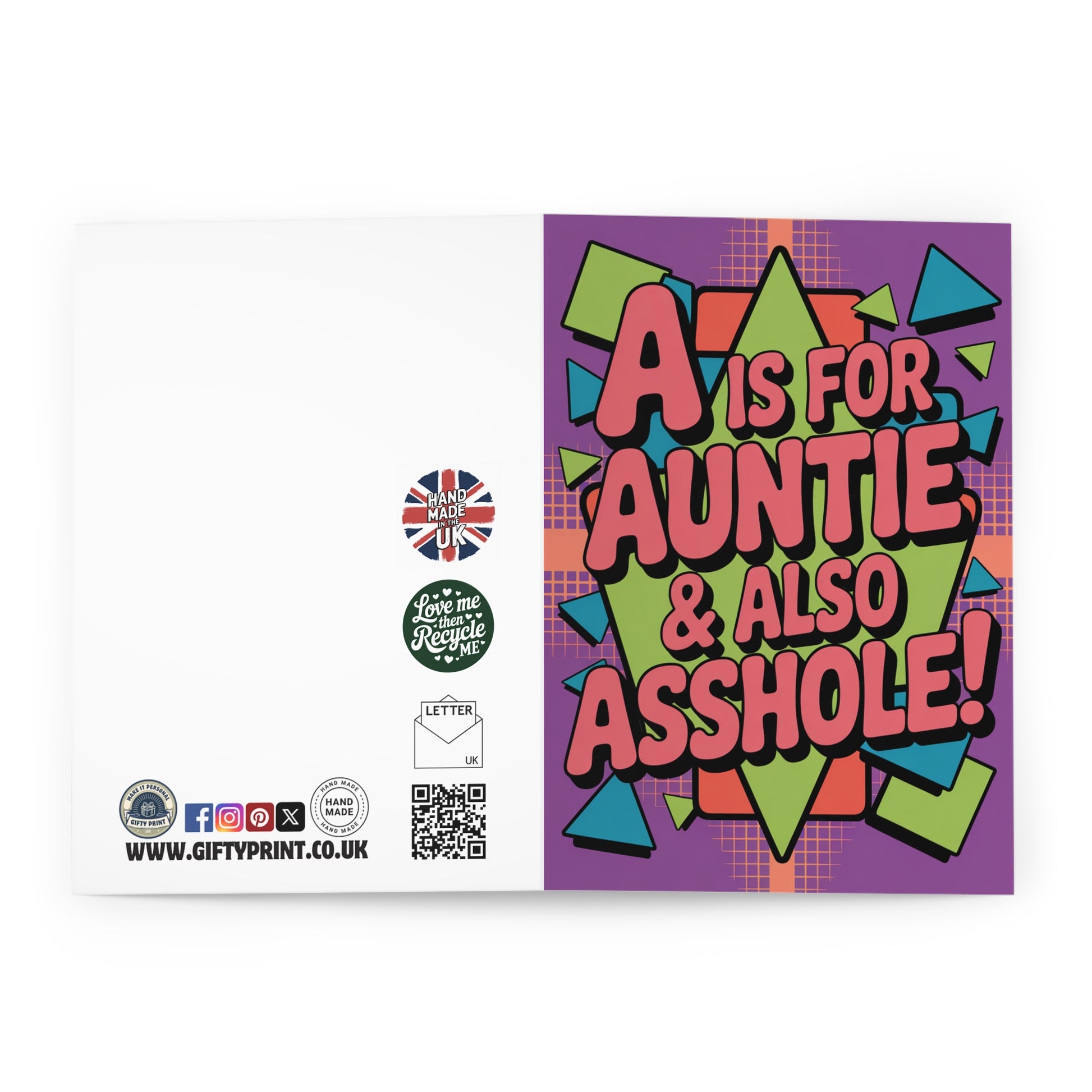 Funny Auntie Birthday Card A Is For Auntie & Also Asshole open