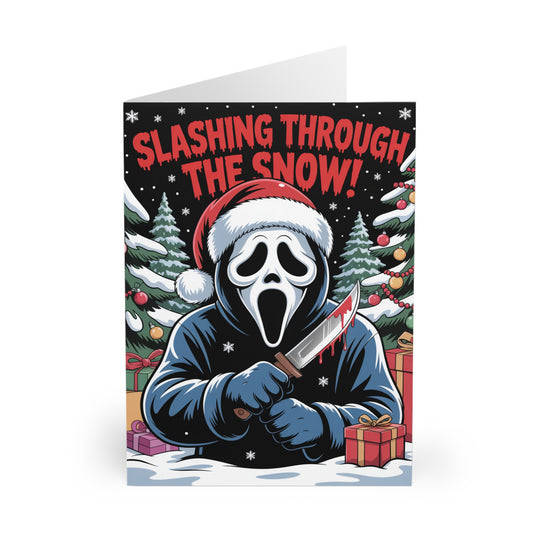 Funny Horror Ghost Face Christmas Card Slashing Through The Snow Front