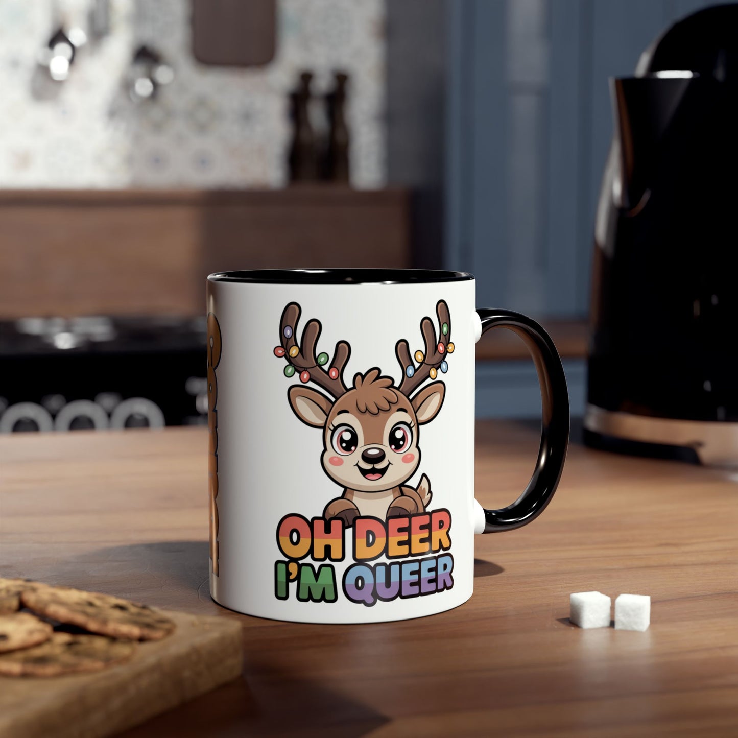 Gay Christmas Mug Oh Deer I'm Queer – white ceramic mug with colorful LGBTQ festive design, 11oz
