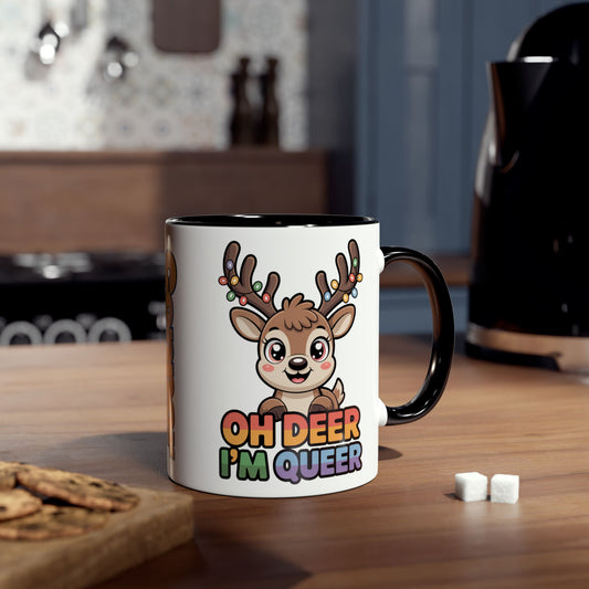 Gay Christmas Mug Oh Deer I'm Queer – white ceramic mug with colorful LGBTQ festive design, 11oz