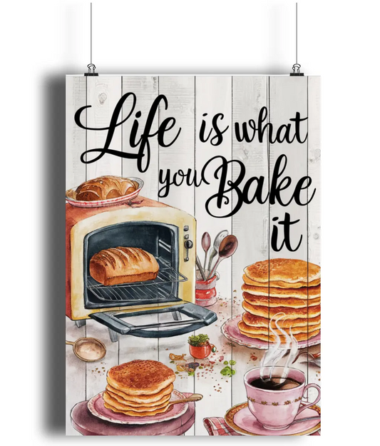Kitchen Wall Art Life Is What You Bake It Retro Wood Effect