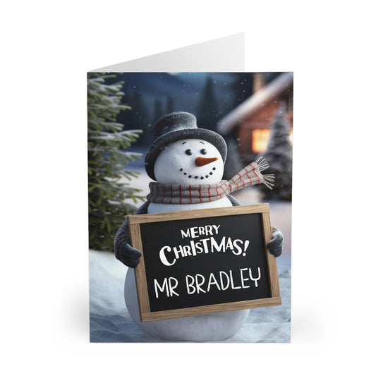 Front Personalised Snow Man Teachers Christmas Card