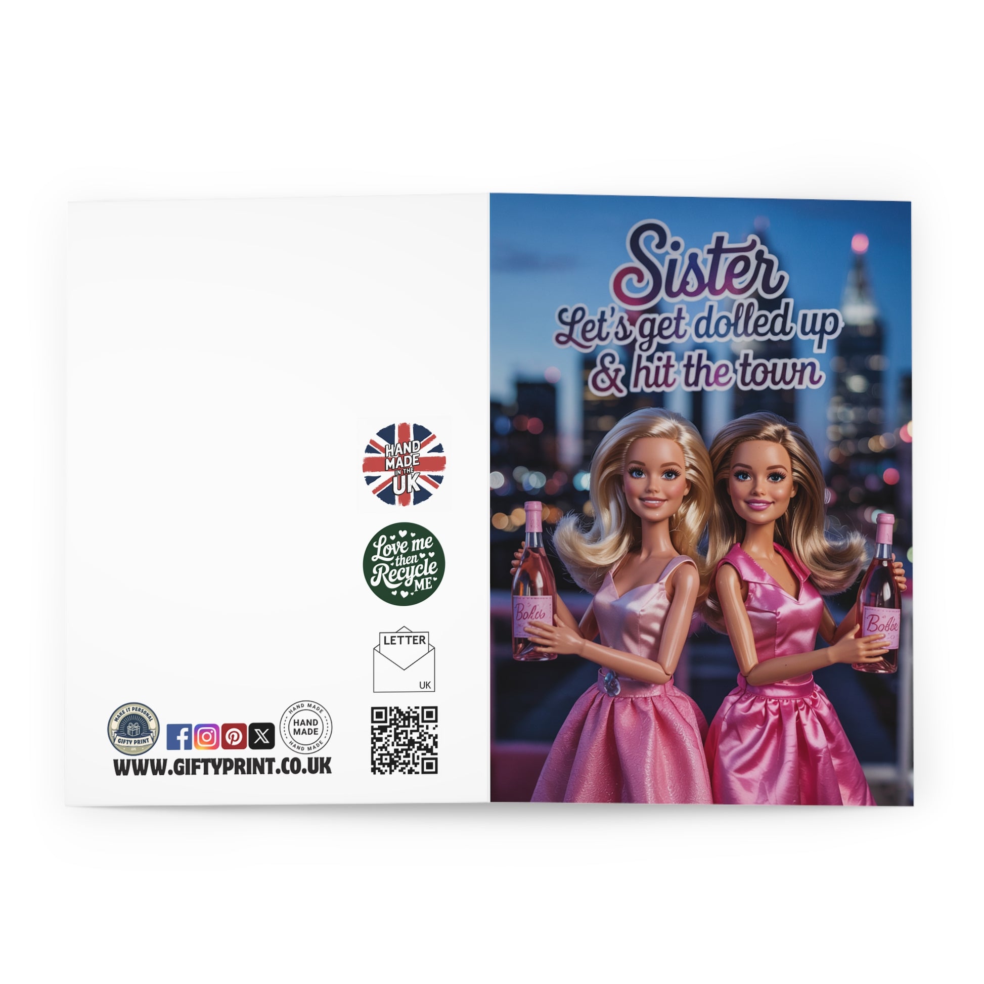 Birthday Card with two dolls in pink dresses and a cityscape background, featuring the text 'Sister, let's get dolled up & hit the town'.