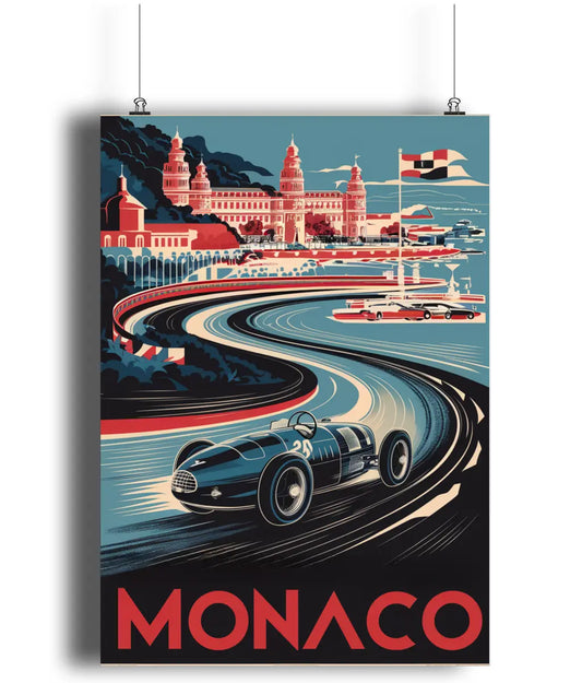 Vintage Travel Poster Wall Art Print Monaco Red & Blue