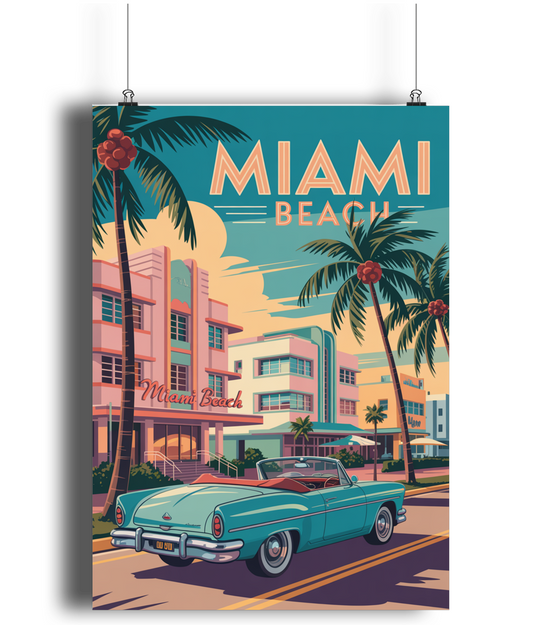 Vintage Travel Poster Print Visit Miami Beach Scene