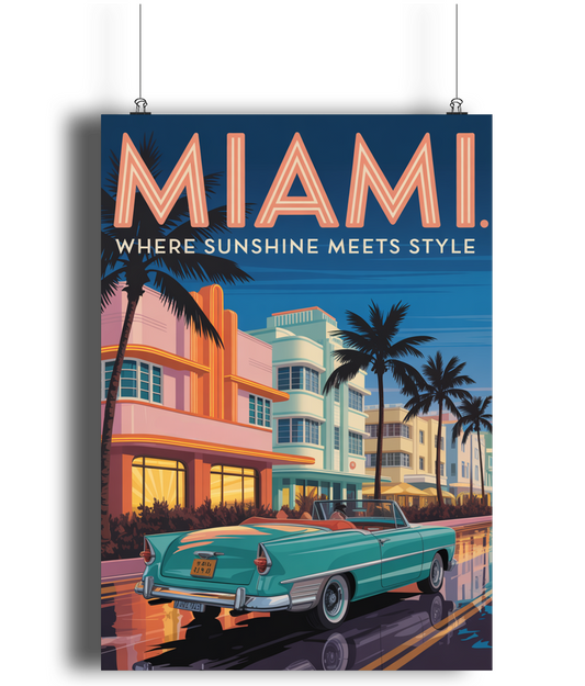 Vintage Travel Poster Print Visit Miami Sunshine & Style