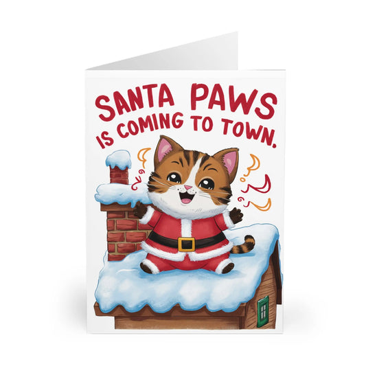 front of Christmas Card Cat Santa Paws Is Coming To Town