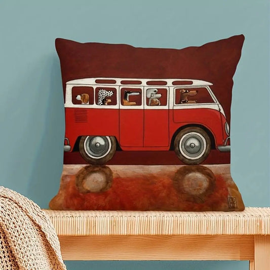 Dogs In A Red VW Camper Van Cushion Cover 45cm x 45cm