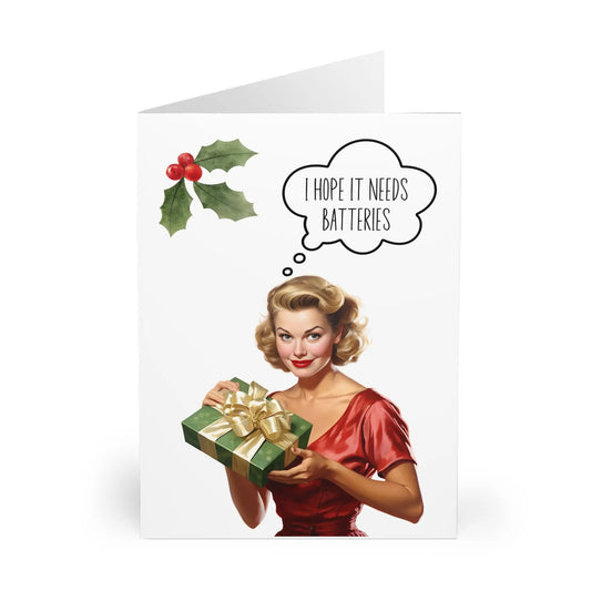 Open View of Rude Christmas Card I Hope It Needs Batteries Retro Lady
